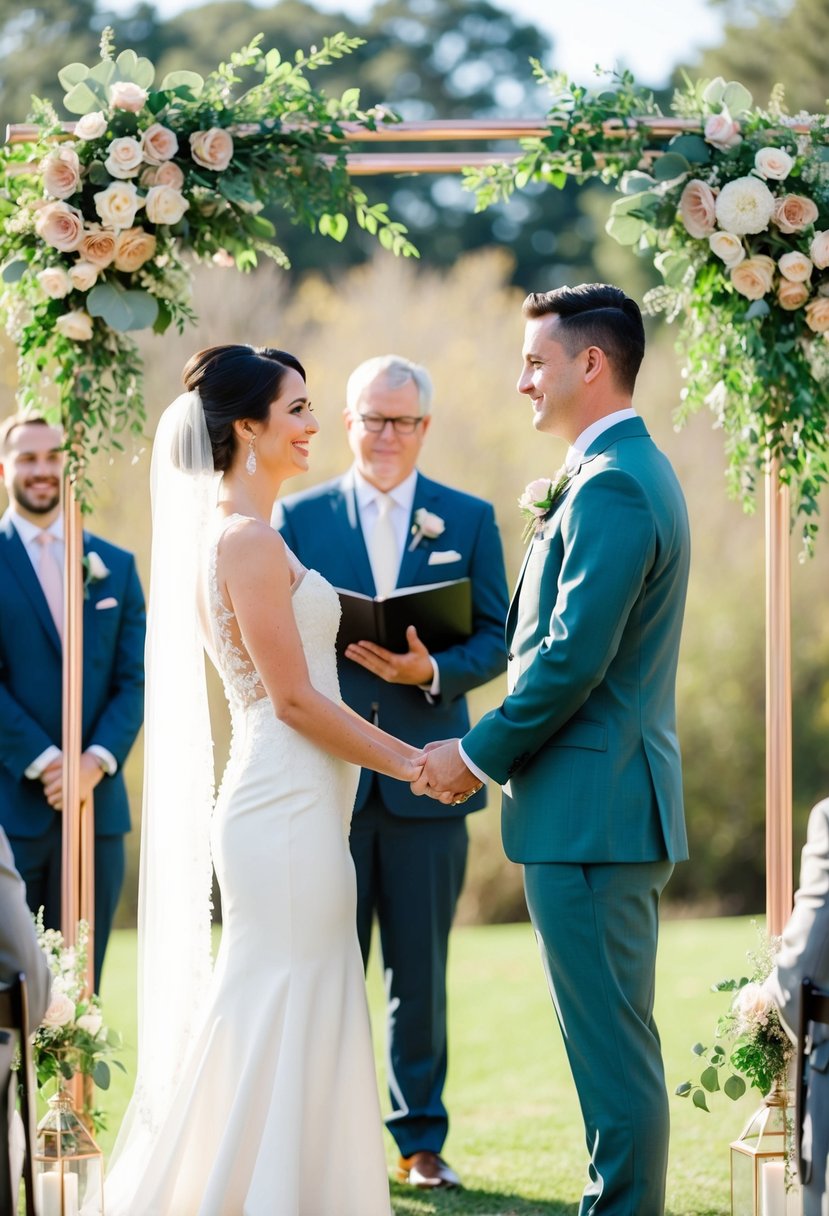 A bride and groom stand under a rose gold and sage green floral arch at their outdoor wedding ceremony