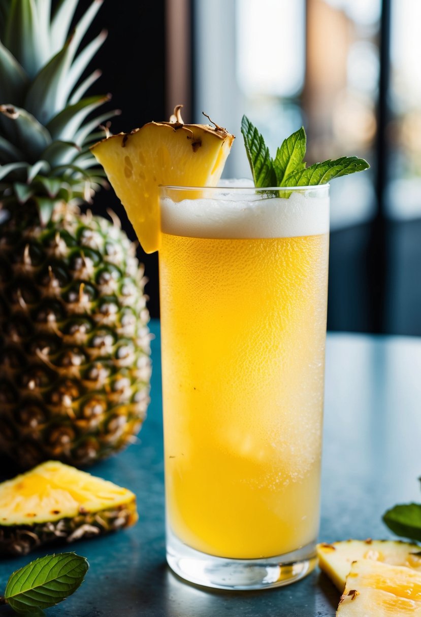 A tall, frosted glass filled with golden pineapple ginger beer fusion, garnished with a slice of fresh pineapple and a sprig of mint