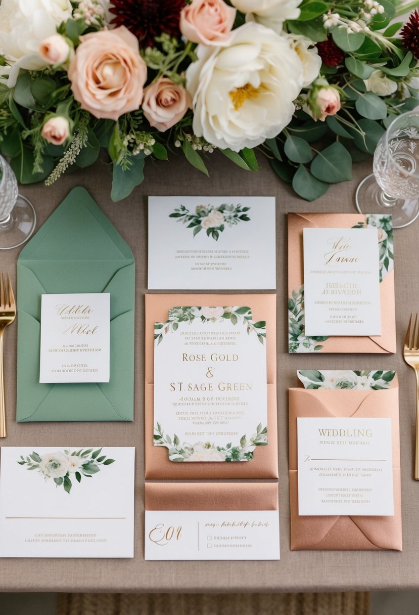 A rose gold and sage green invitation suite with coordinating wedding decor and floral arrangements