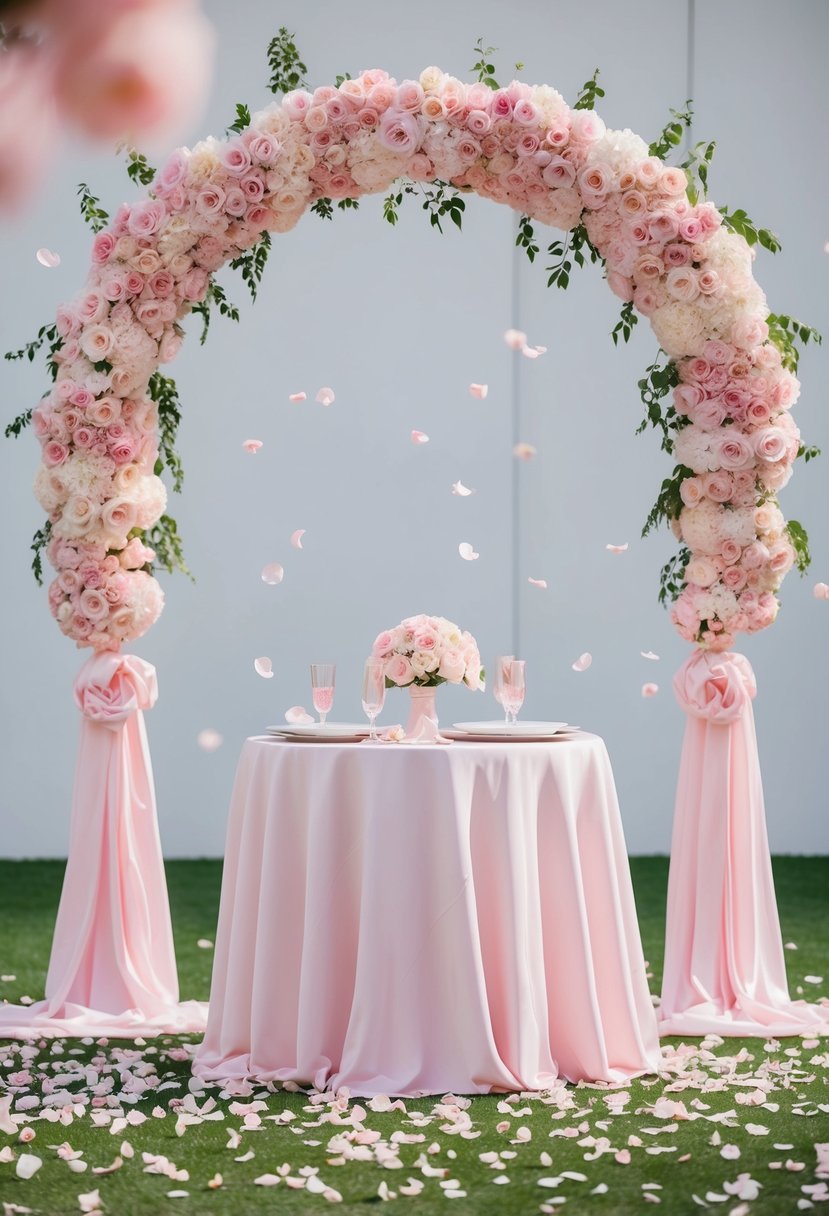 A light pink floral archway with matching table decor and delicate rose petals scattered on the ground