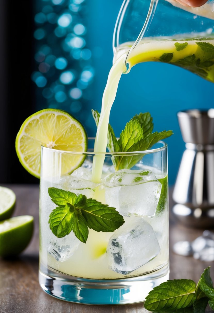 A glass filled with ice, garnished with mint leaves and a slice of lime, as a virgin mojito mixer is poured over the ice