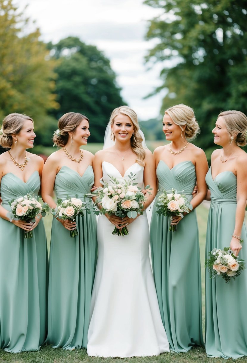 Sage green bridesmaid dresses with rose gold accessories in a romantic wedding setting