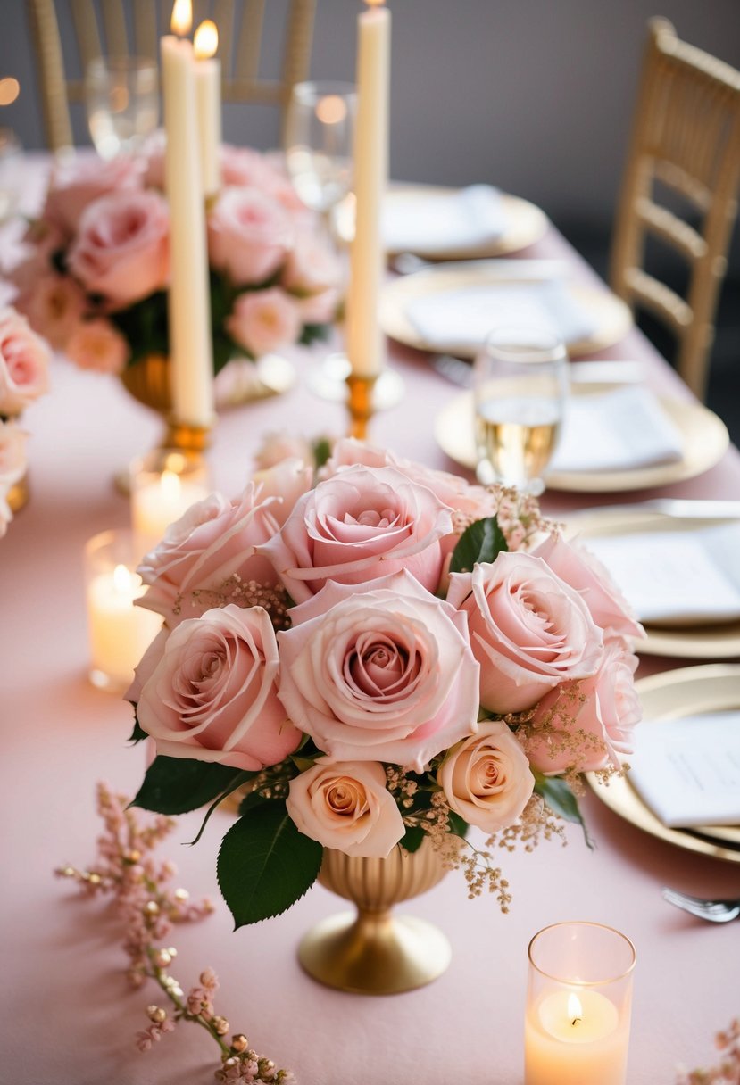 Soft blush pink roses intertwined with delicate gold accents on a table set with elegant place settings and glowing candlelight