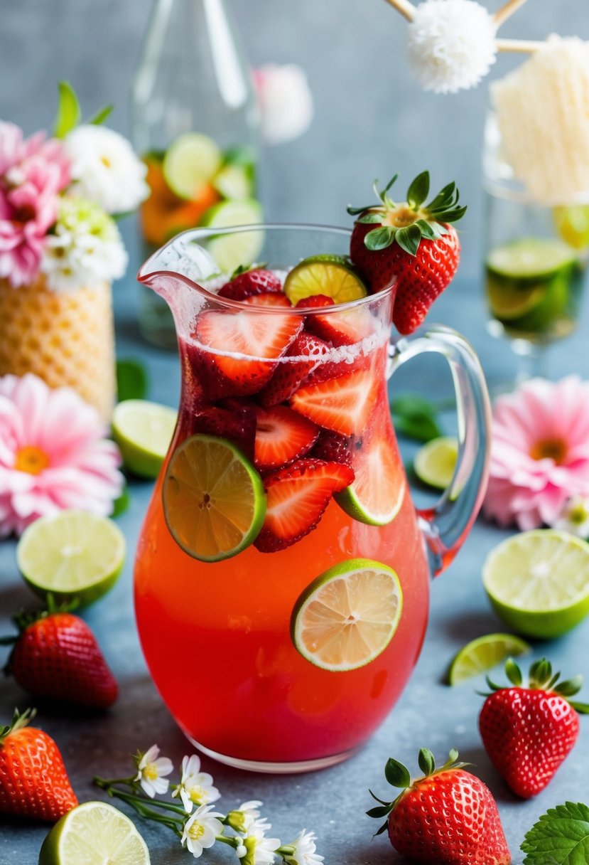 A glass pitcher filled with vibrant strawberry limeade garnished with fresh strawberries and lime slices, surrounded by delicate honeycomb and floral decorations