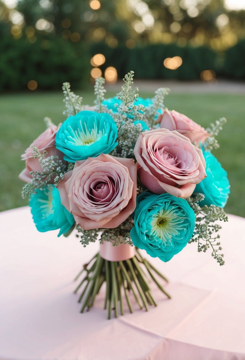 A bouquet of dusty rose and turquoise flowers on a light pink tablecloth