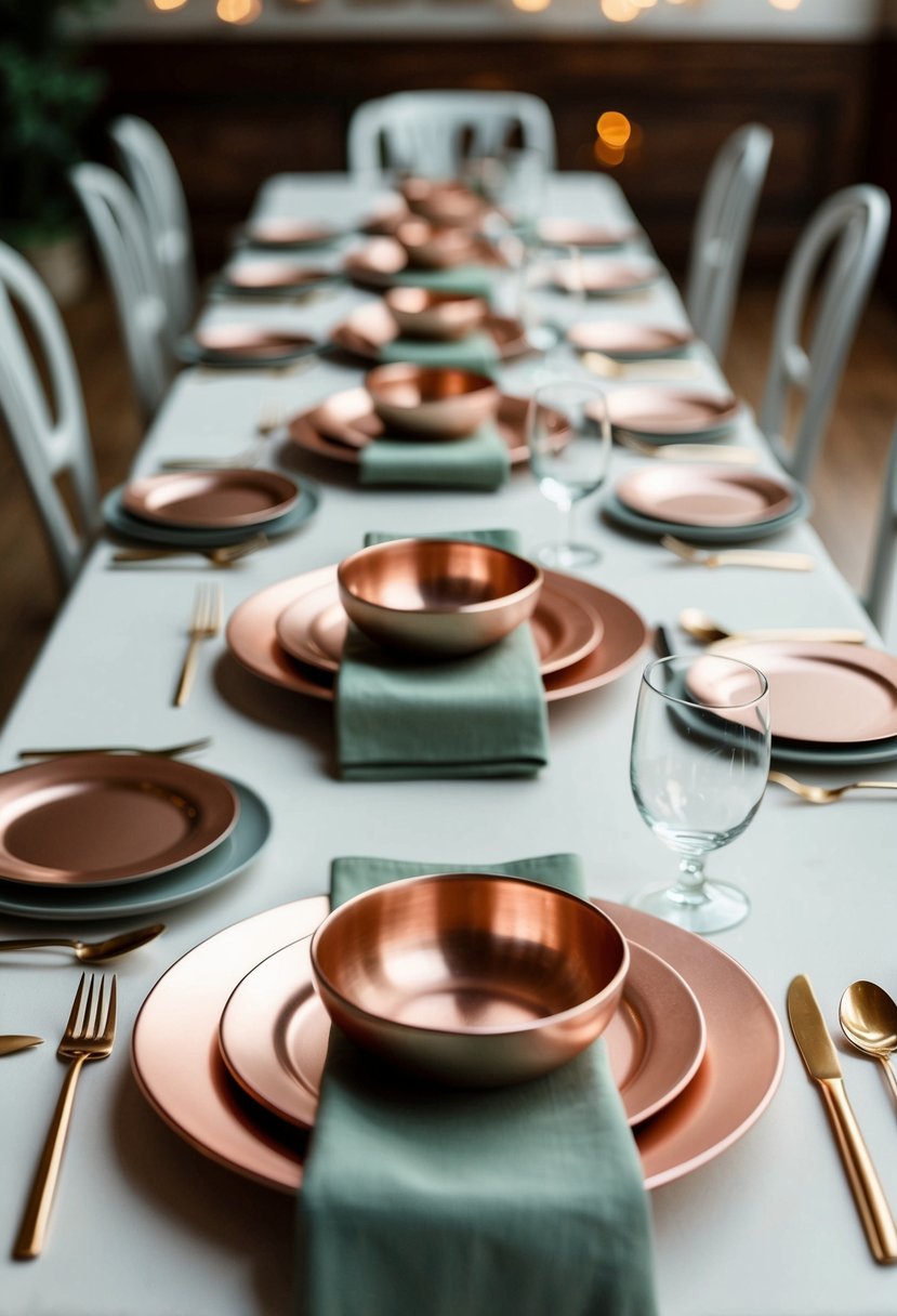 Rose gold tableware set with sage green napkins arranged on a table