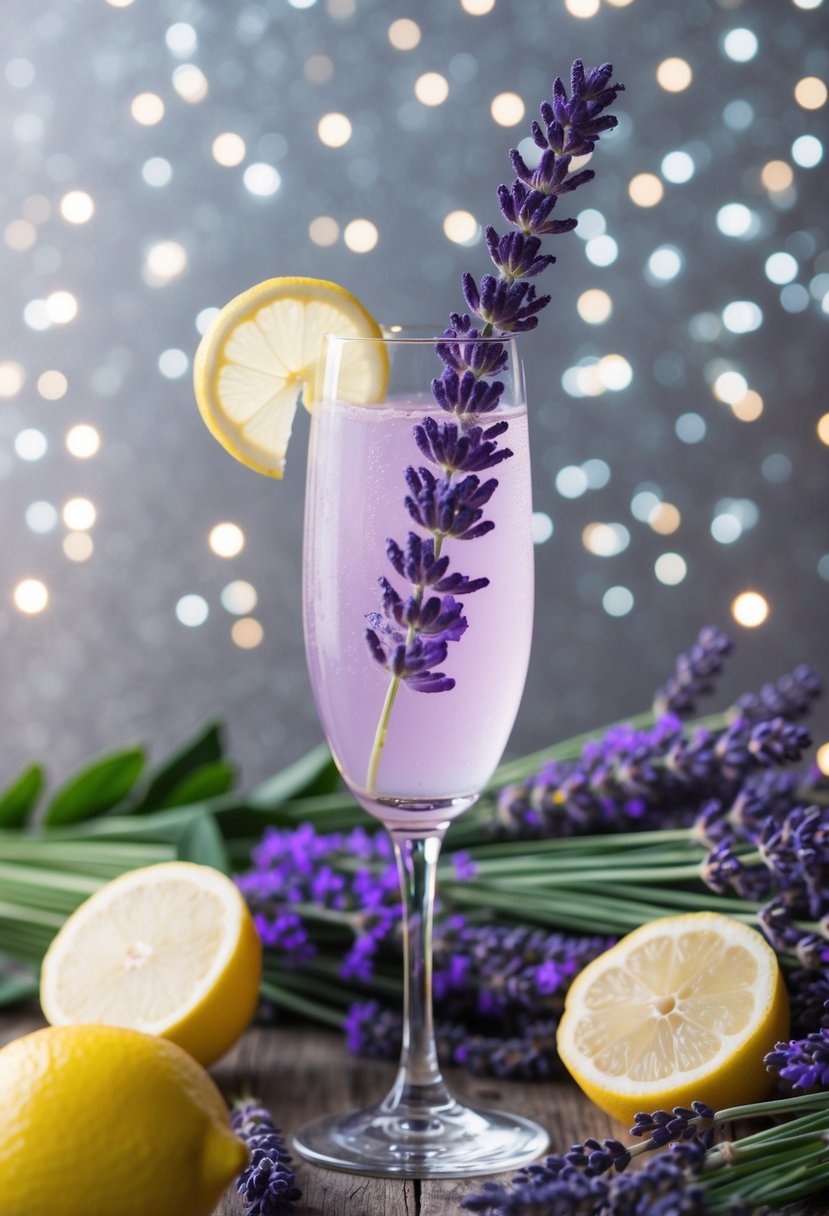 A glass of lavender lemonade fizz with a sprig of lavender and a slice of lemon, surrounded by fresh lavender flowers and a sparkling background