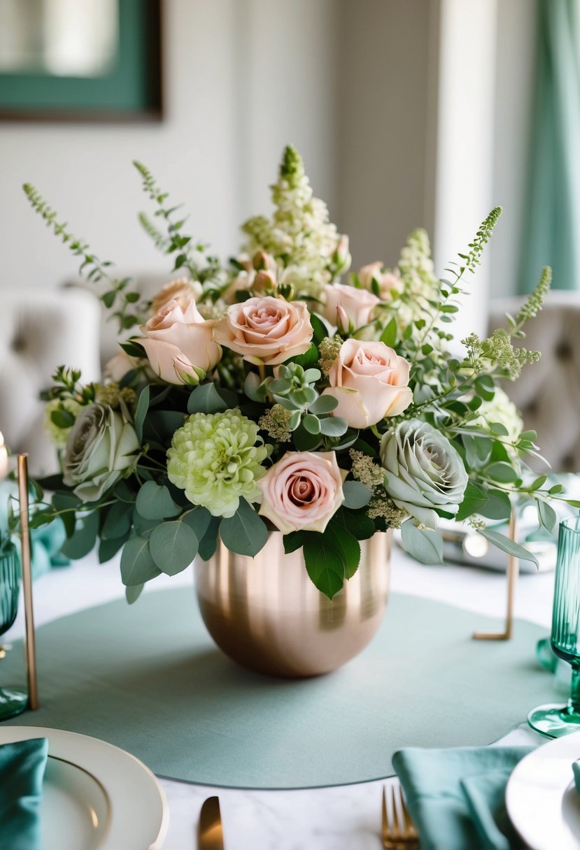 Sage and rose gold flowers arranged in a centerpiece, surrounded by sage green wedding decor