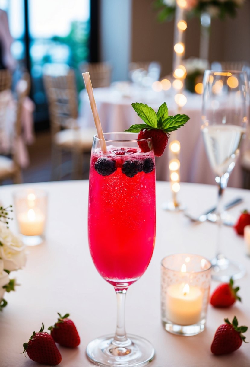 A glass filled with a vibrant pink Berry Bliss Spritzer, garnished with fresh berries and a sprig of mint, sitting on a table decorated with elegant wedding decor