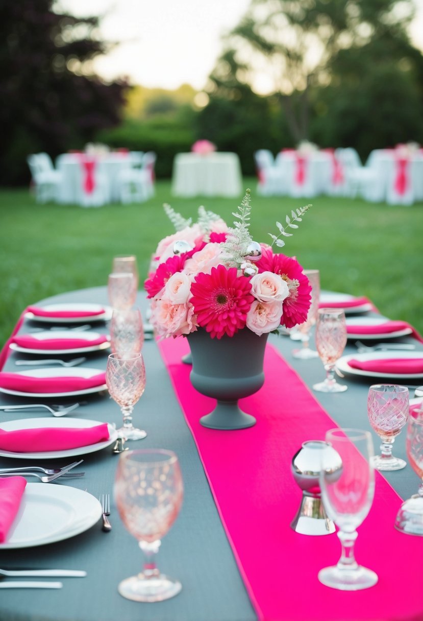 A hot pink and slate gray wedding table with light pink flowers and silver accents