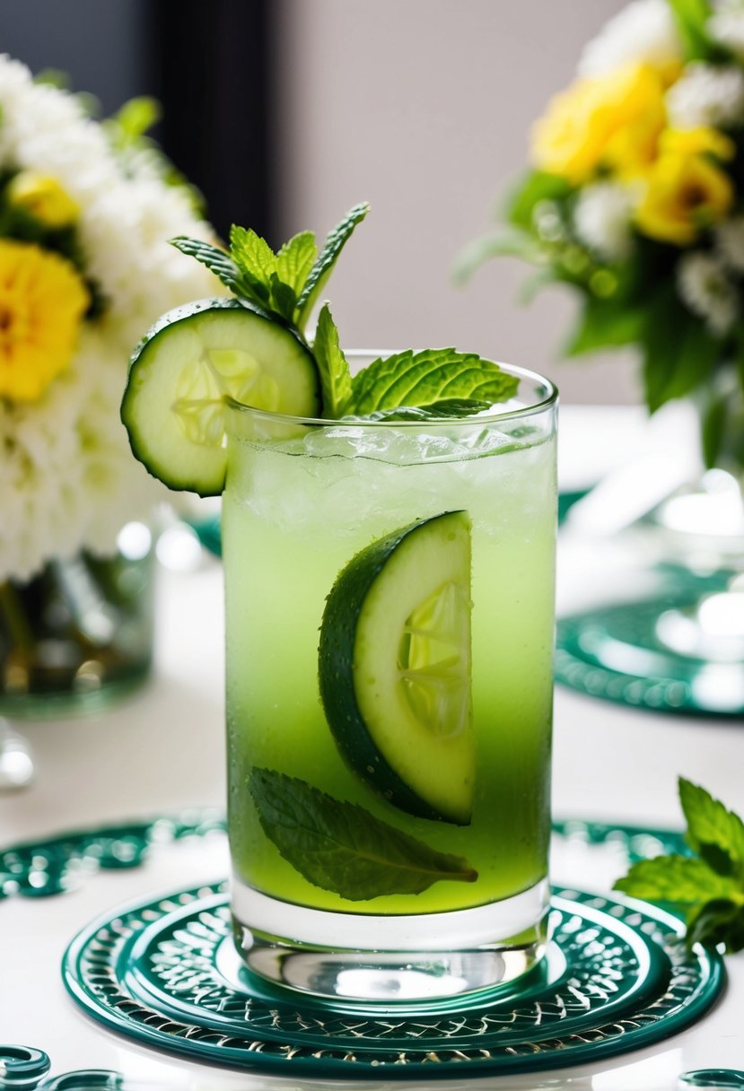 A glass filled with a refreshing green cucumber mint mocktail, garnished with a cucumber slice and mint sprig, sitting on a decorative wedding table