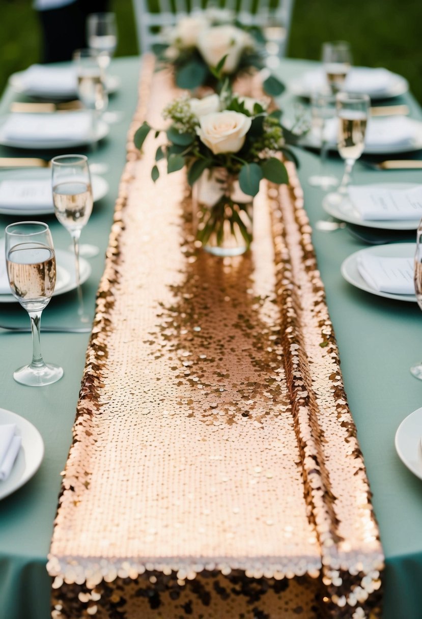 Rose gold sequin table runners adorn a sage green wedding reception, adding a touch of elegance and sparkle to the decor