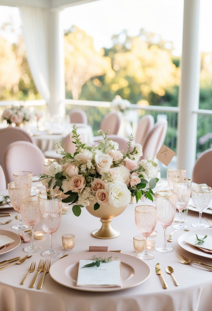 A romantic wedding table set with blush, ivory, and gold decor. Delicate floral centerpieces and elegant place settings create a soft and elegant atmosphere