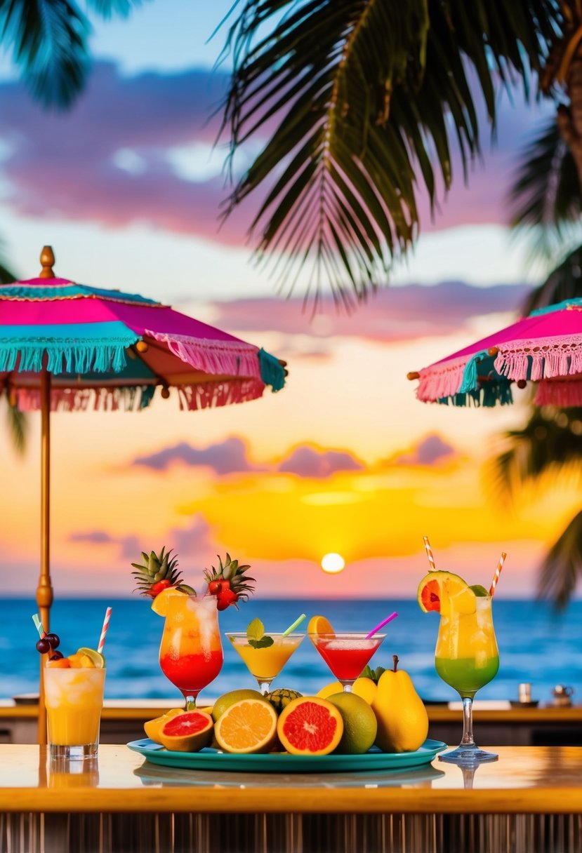 A beachfront bar with colorful mocktail ingredients, tropical fruits, and decorative umbrellas, set against a backdrop of palm trees and a vibrant sunset