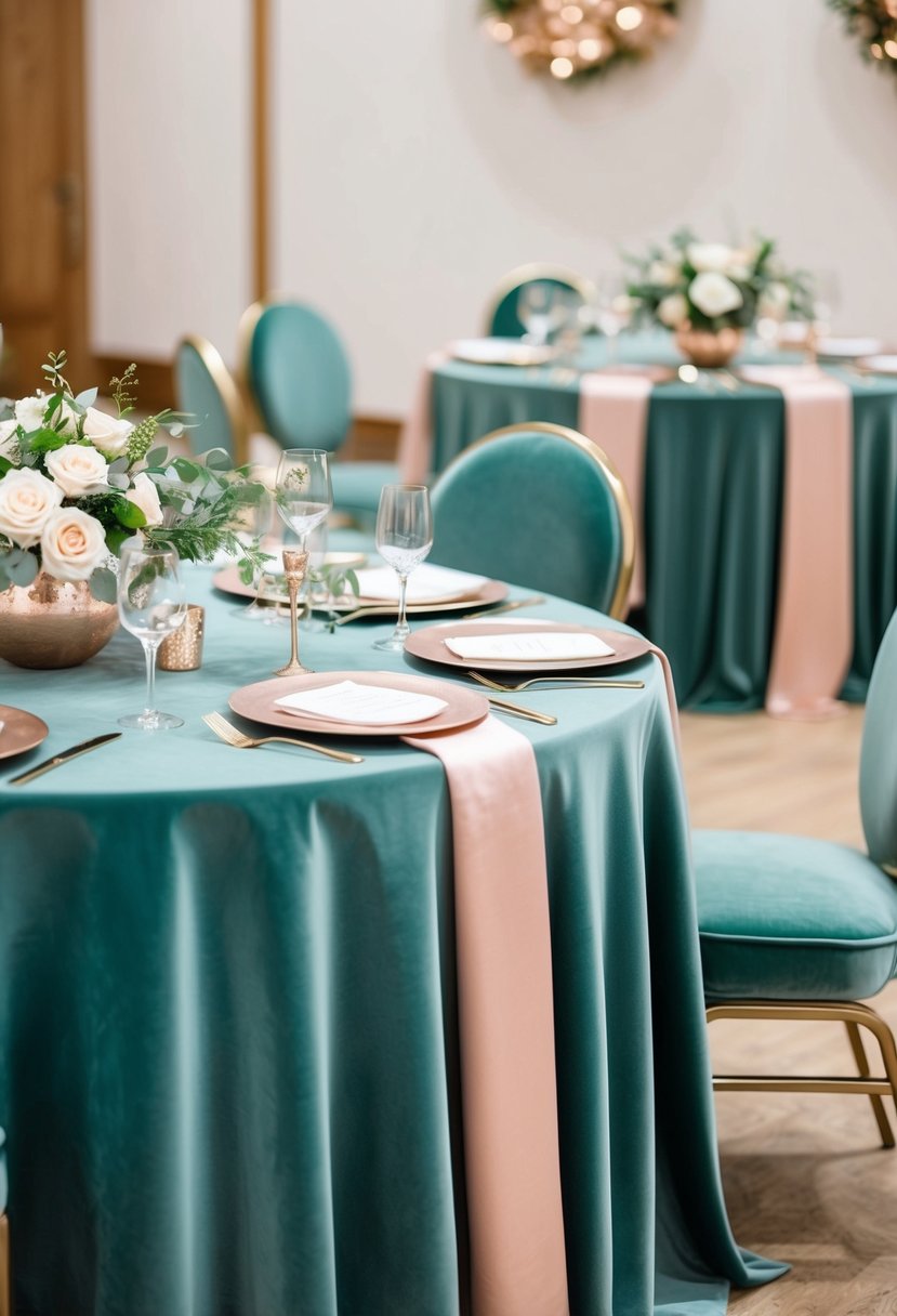 Sage green velvet tablecloths draped over tables, adorned with rose gold and sage green wedding decor