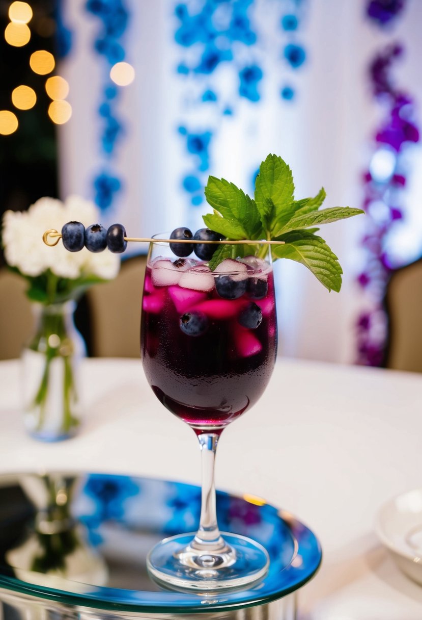 A glass filled with a vibrant blueberry mojito mocktail, garnished with fresh mint and a skewer of blueberries, set on a table with a decorative wedding backdrop