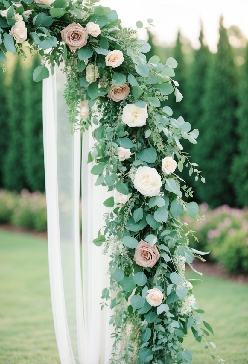 Soft sage green foliage intertwined with dusty rose and cream florals cascading down a wedding arch