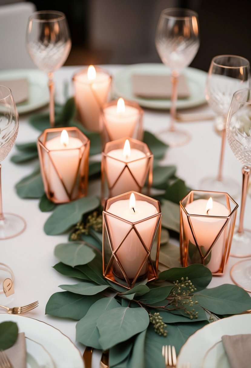 Rose gold geometric candle holders arranged with sage green wedding decor