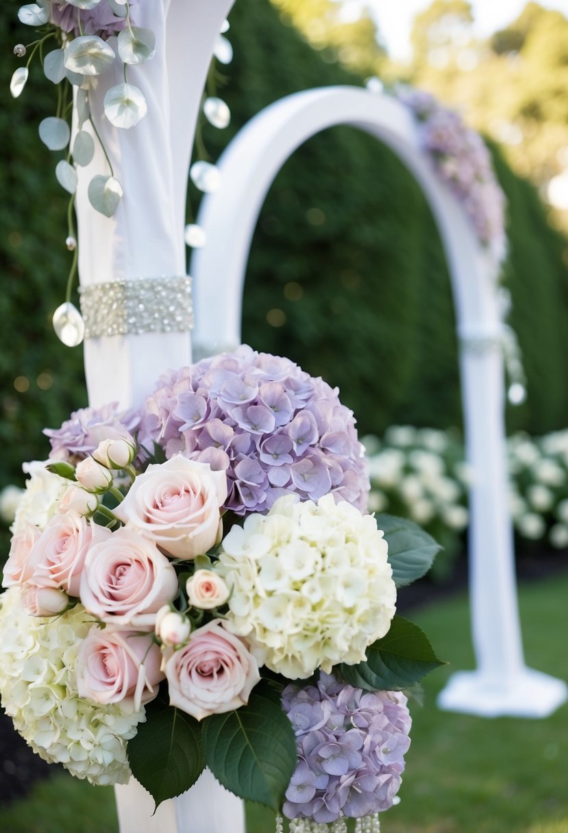 A serene garden with pale pink roses, lavender hydrangeas, and silver accents adorning a wedding arch