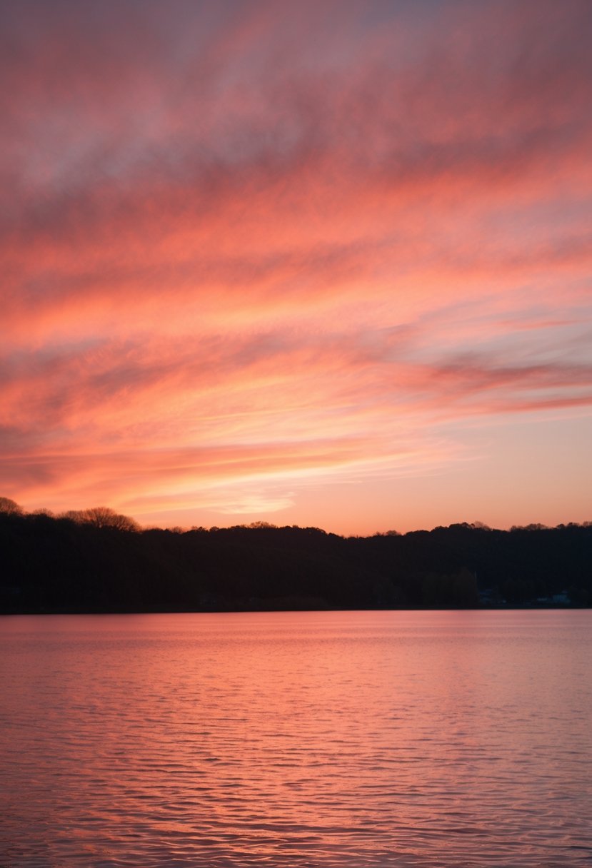 A peach and coral blush sunset over a serene lake