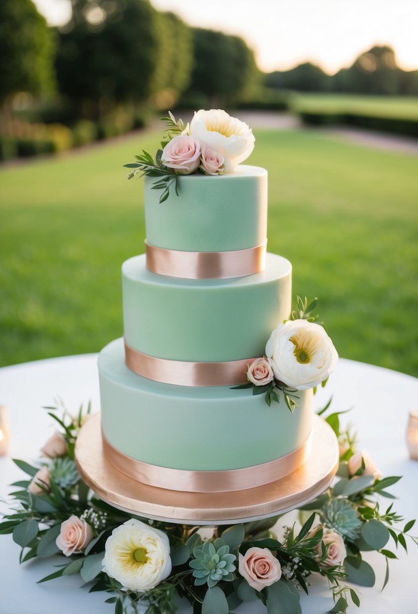 A three-tiered wedding cake in sage green and rose gold, surrounded by matching floral decorations and accents