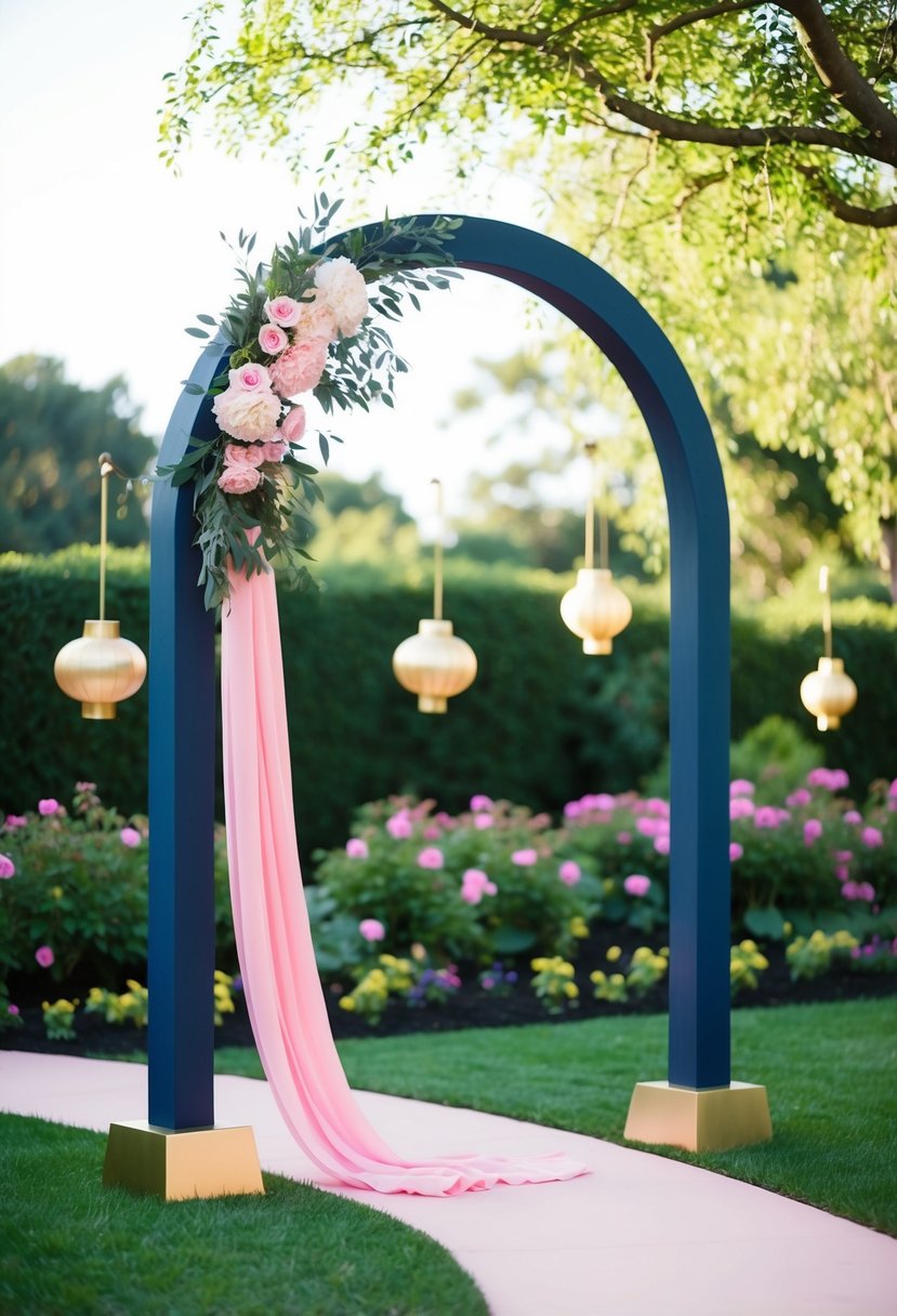 A serene garden with pink, navy, and gold accents. A flowing pink ribbon decorates a navy arch, while golden lanterns hang from the trees