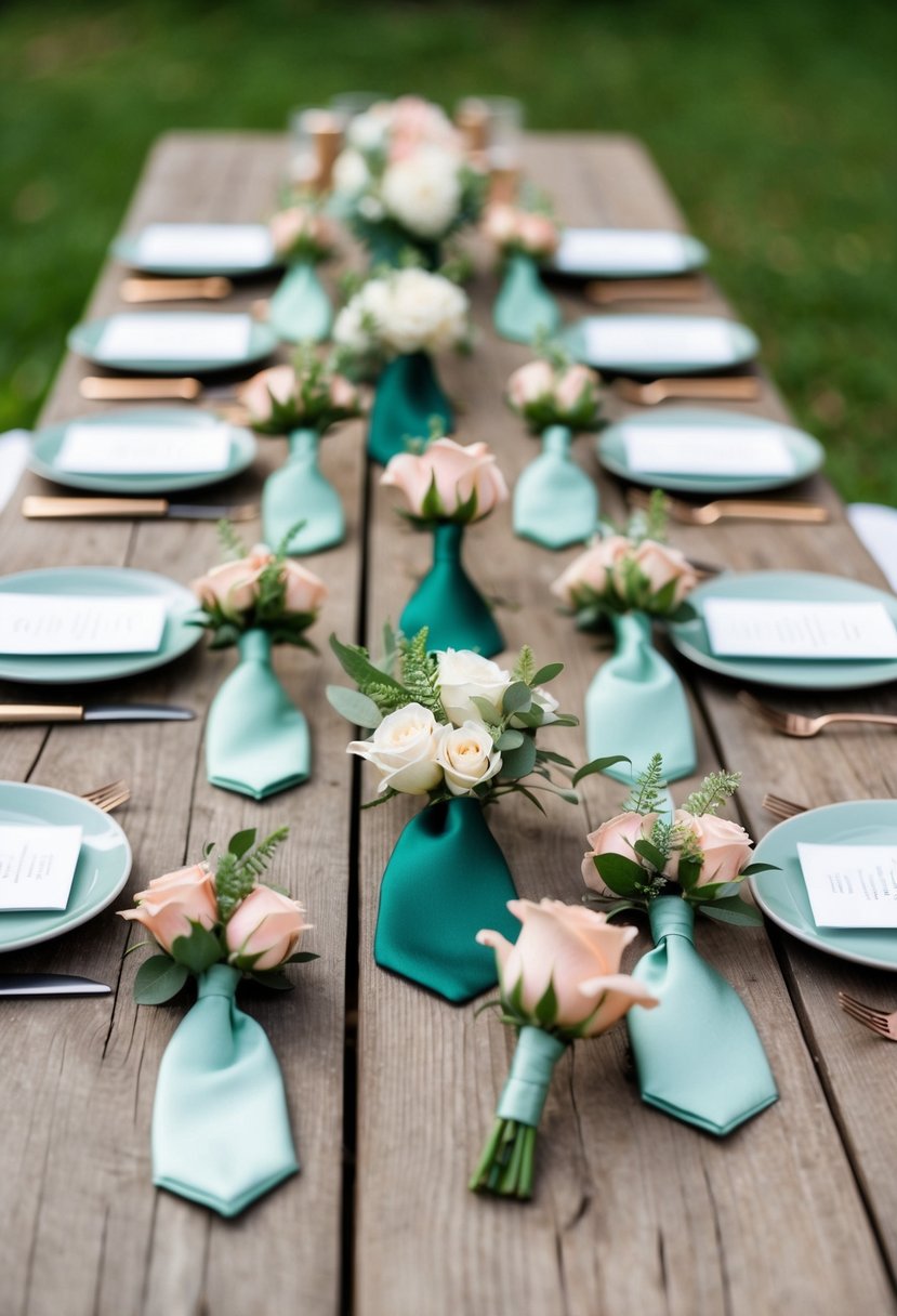 Sage green ties and rose gold boutonnieres arranged on a rustic wooden table with sage green and rose gold wedding decor