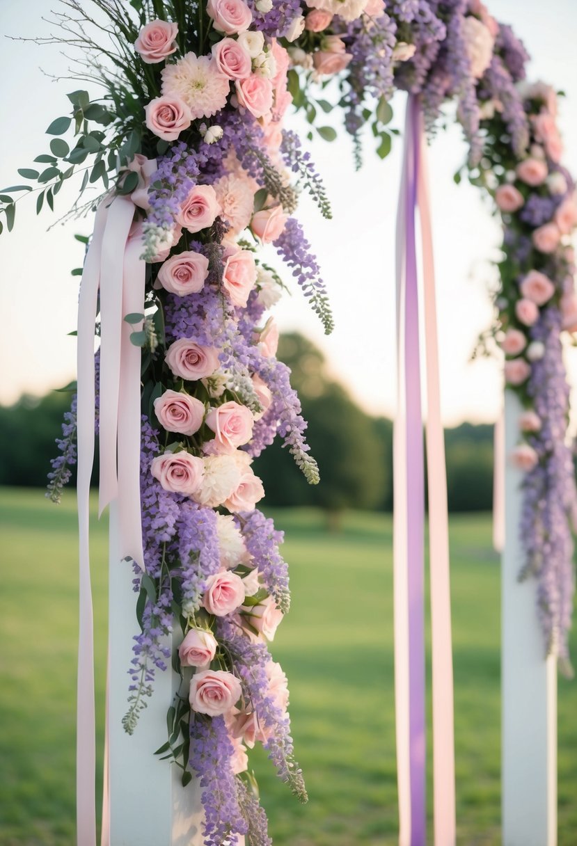 Soft pink and lavender flowers cascading down a wedding arch, with delicate pink and lavender ribbons fluttering in the breeze