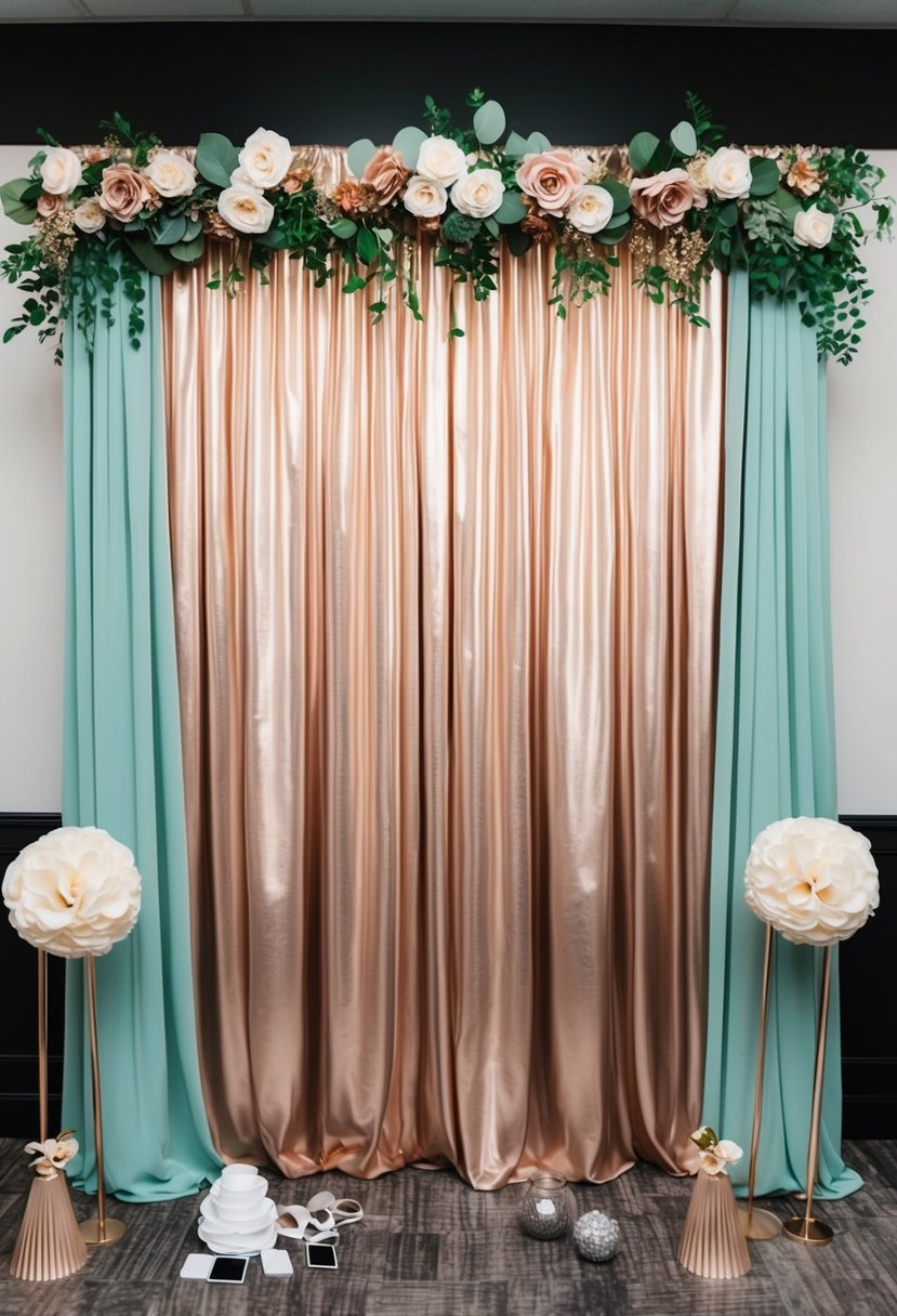 A rose gold and sage green photo booth backdrop with wedding decor and props in matching colors