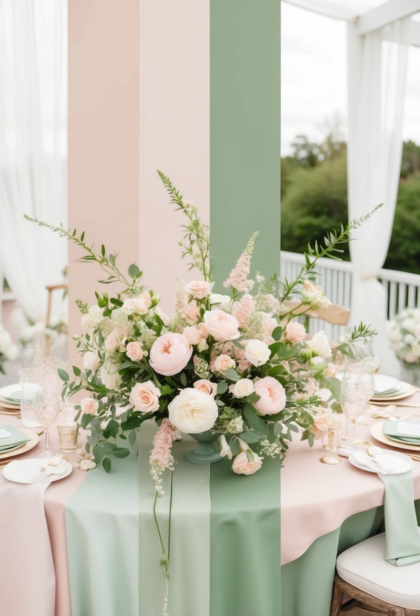 A soft blush and light green color palette with delicate floral arrangements and pastel table settings for a romantic wedding