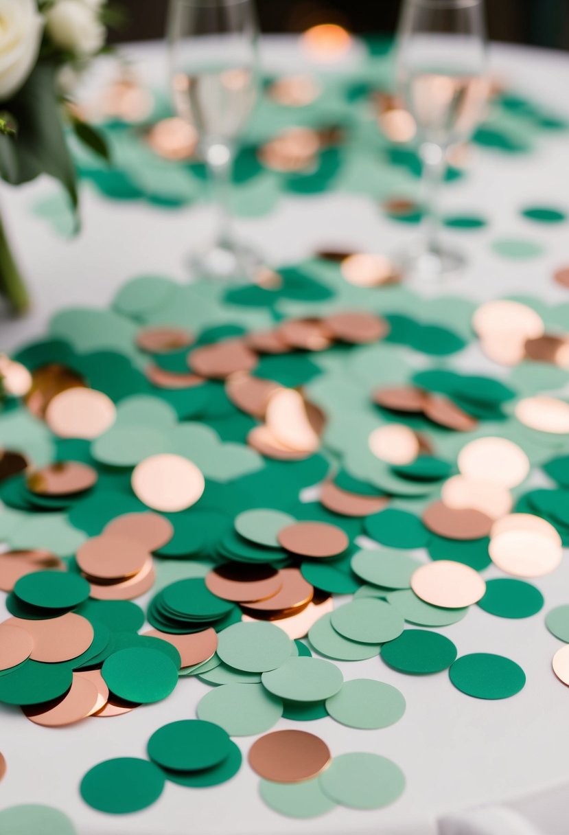 Sage green and rose gold confetti scattered on tables for a wedding celebration