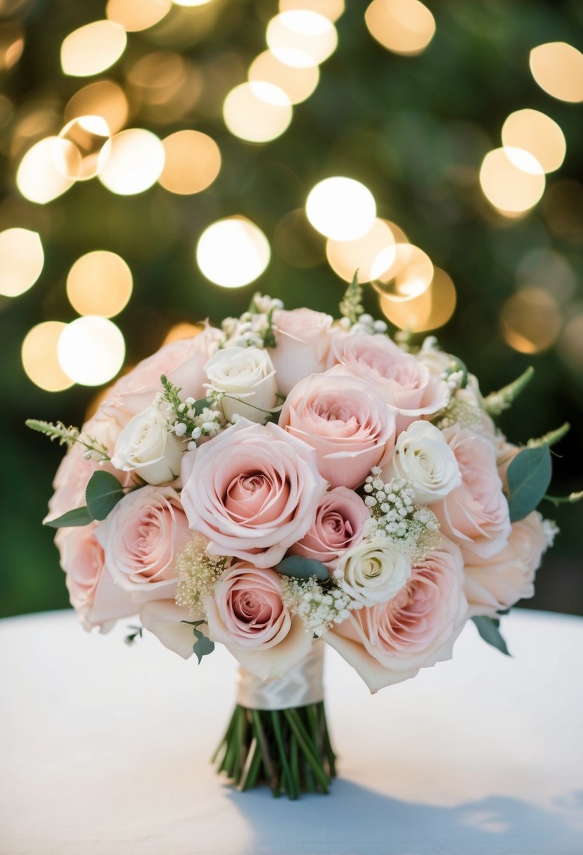 A pale pink wedding bouquet bathed in soft champagne light