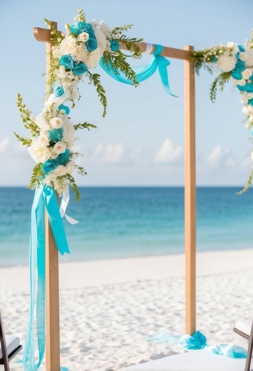 A serene beach wedding with aqua-colored flowers, ribbons, and decor. White sand, blue water, and a clear sky create a tranquil backdrop