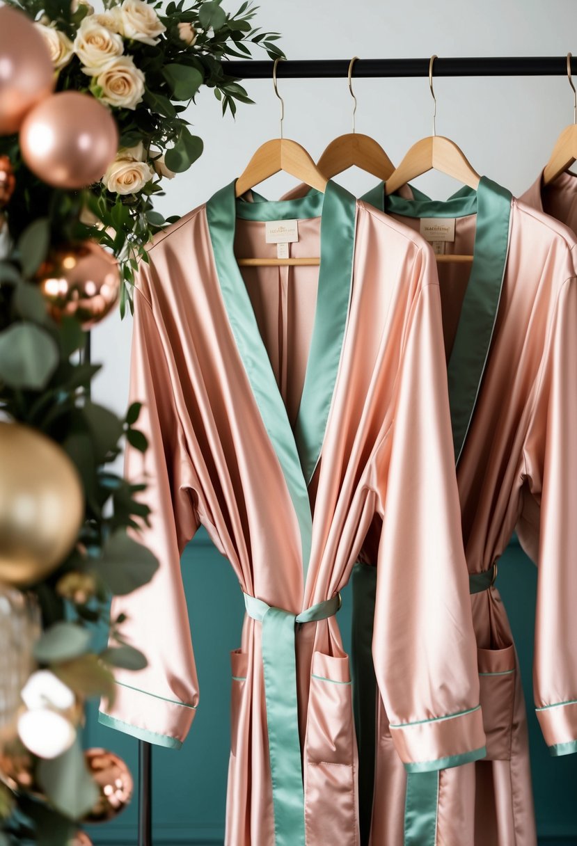 Rose gold robes with sage green trim hang on a rack, surrounded by rose gold and sage green wedding decor