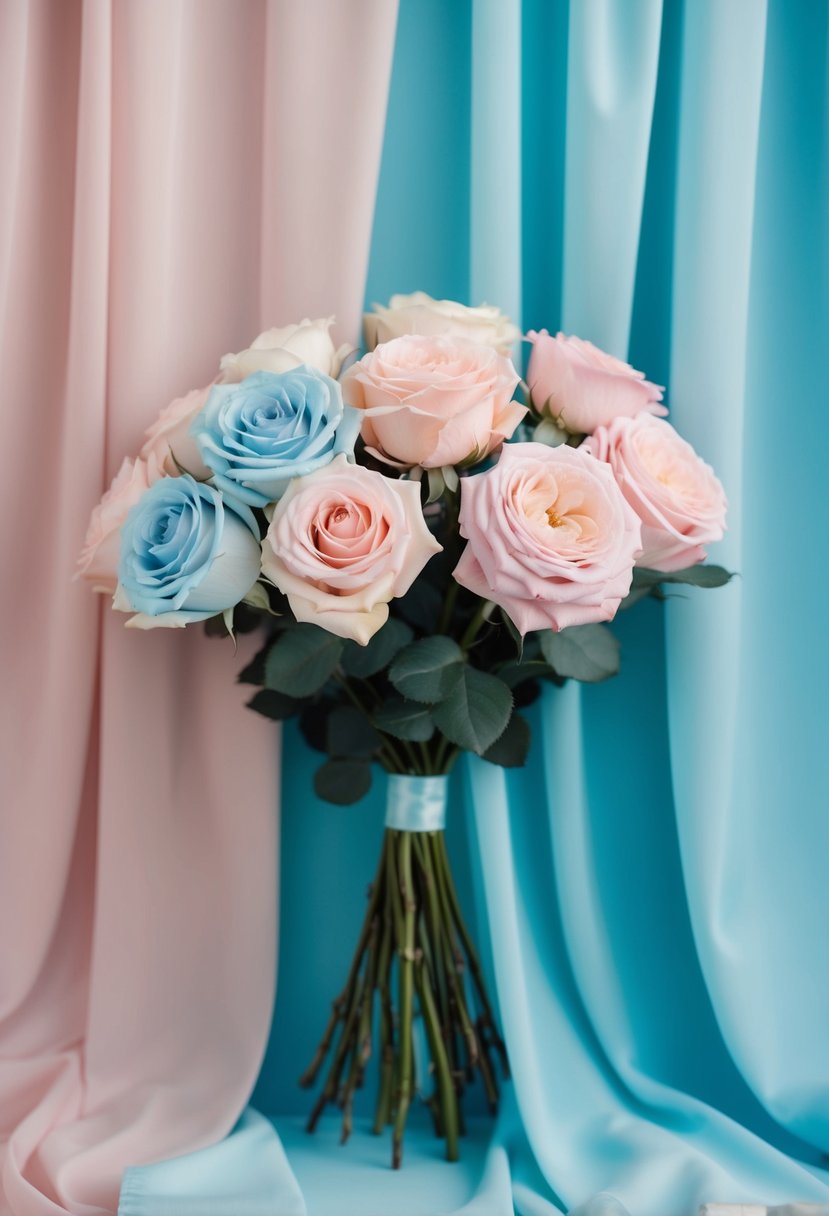 A delicate bouquet of blooming roses in shades of soft pink and tranquil blue, set against a backdrop of flowing fabric in the same serene tones