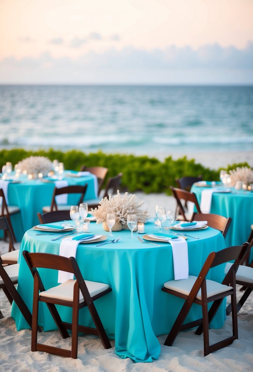 A beachside wedding reception with aqua tablecloths, coral centerpieces, and ocean views