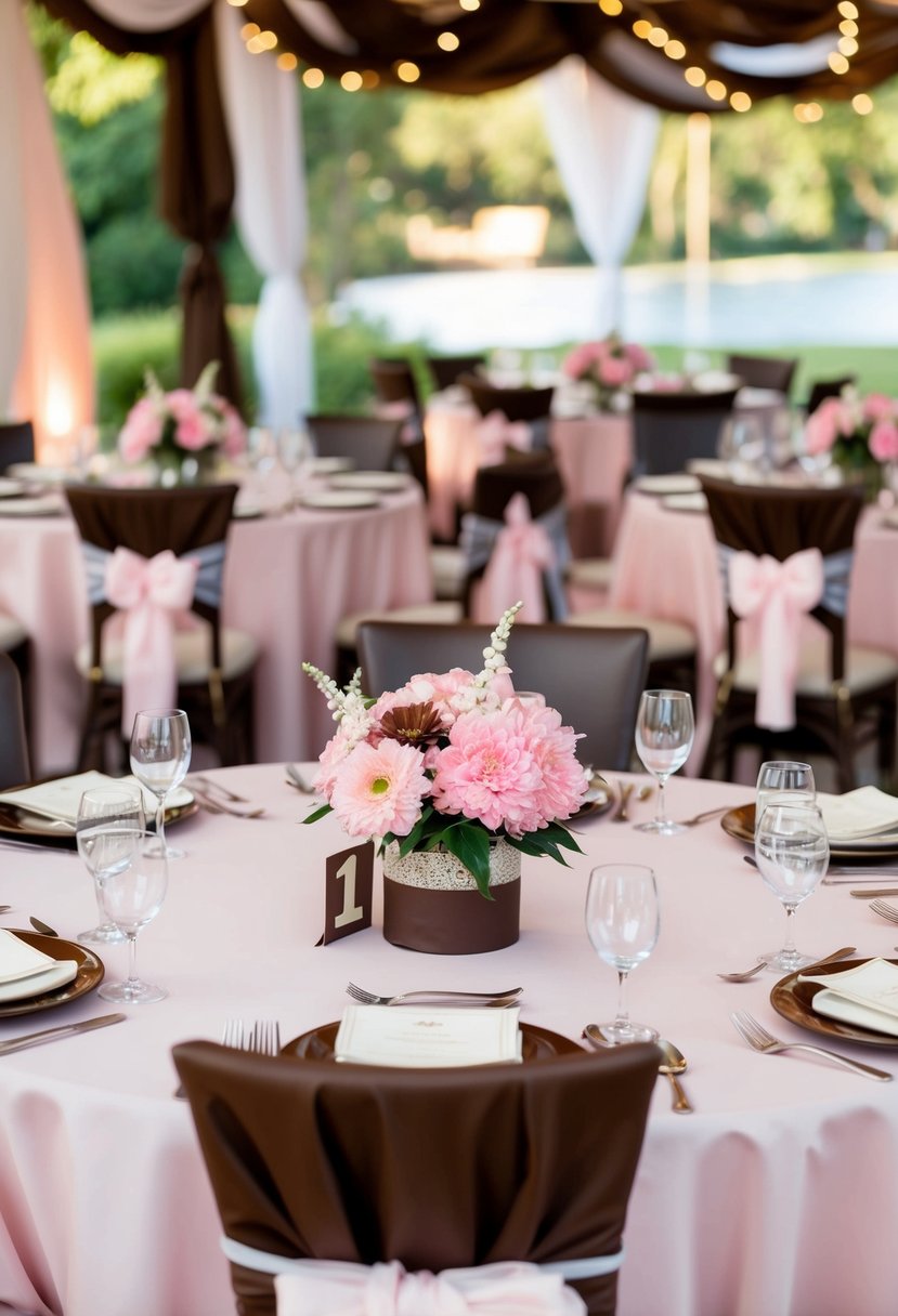 A wedding table set with light pink and chocolate brown decor, featuring pink flowers and brown accents