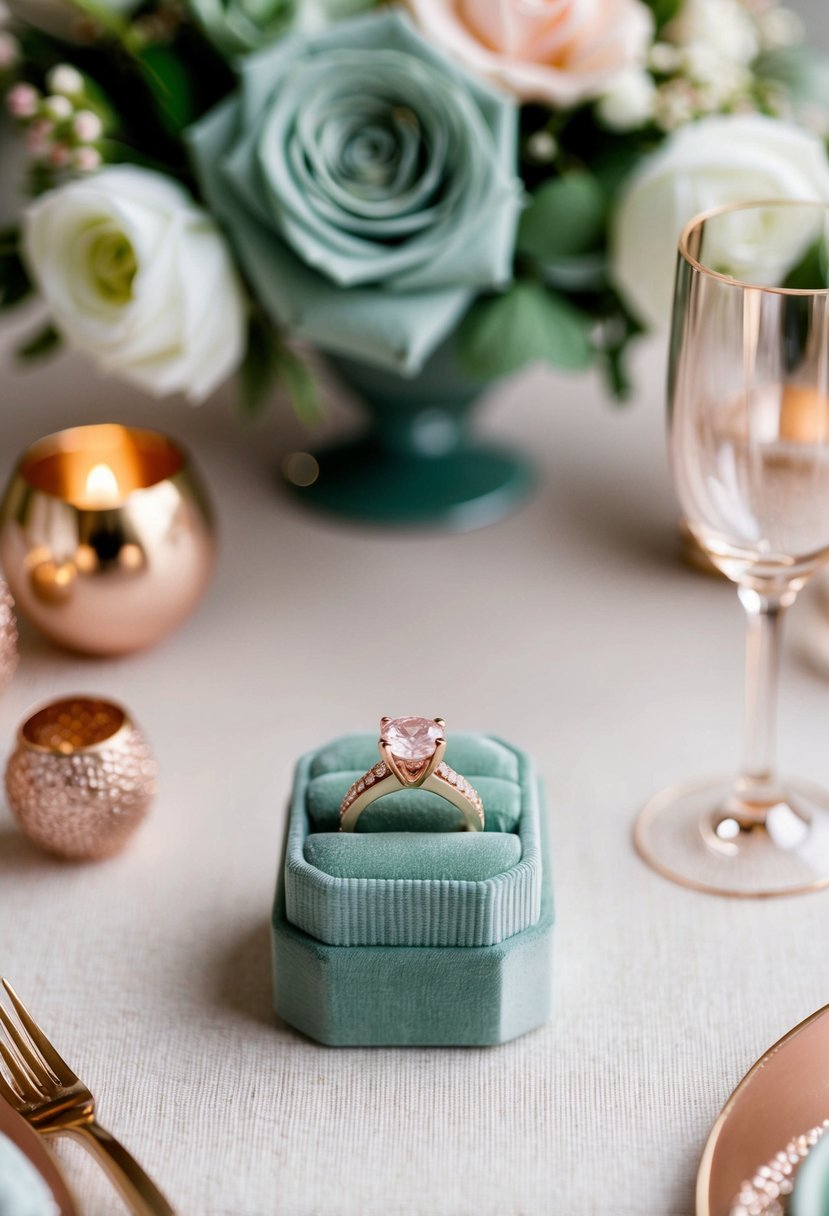 A sage green velvet ring box with rose gold accents sits on a table, surrounded by sage green and rose gold wedding decor