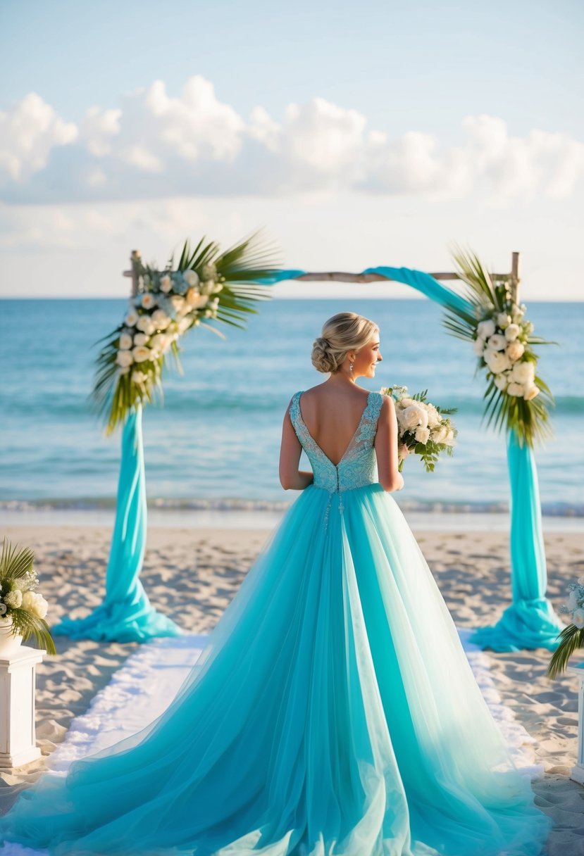 A serene beach wedding with aqua accents, featuring a flowing Tiffany blue gown and ocean-inspired decor