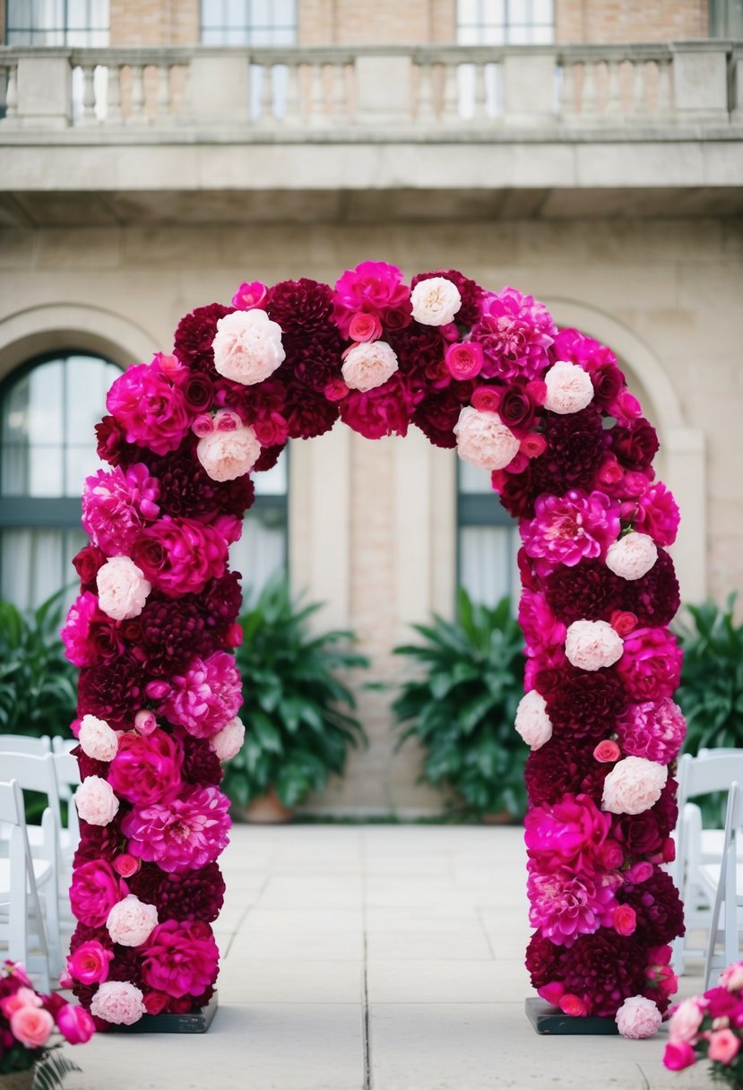 A fuchsia and maroon floral arch with light pink accents