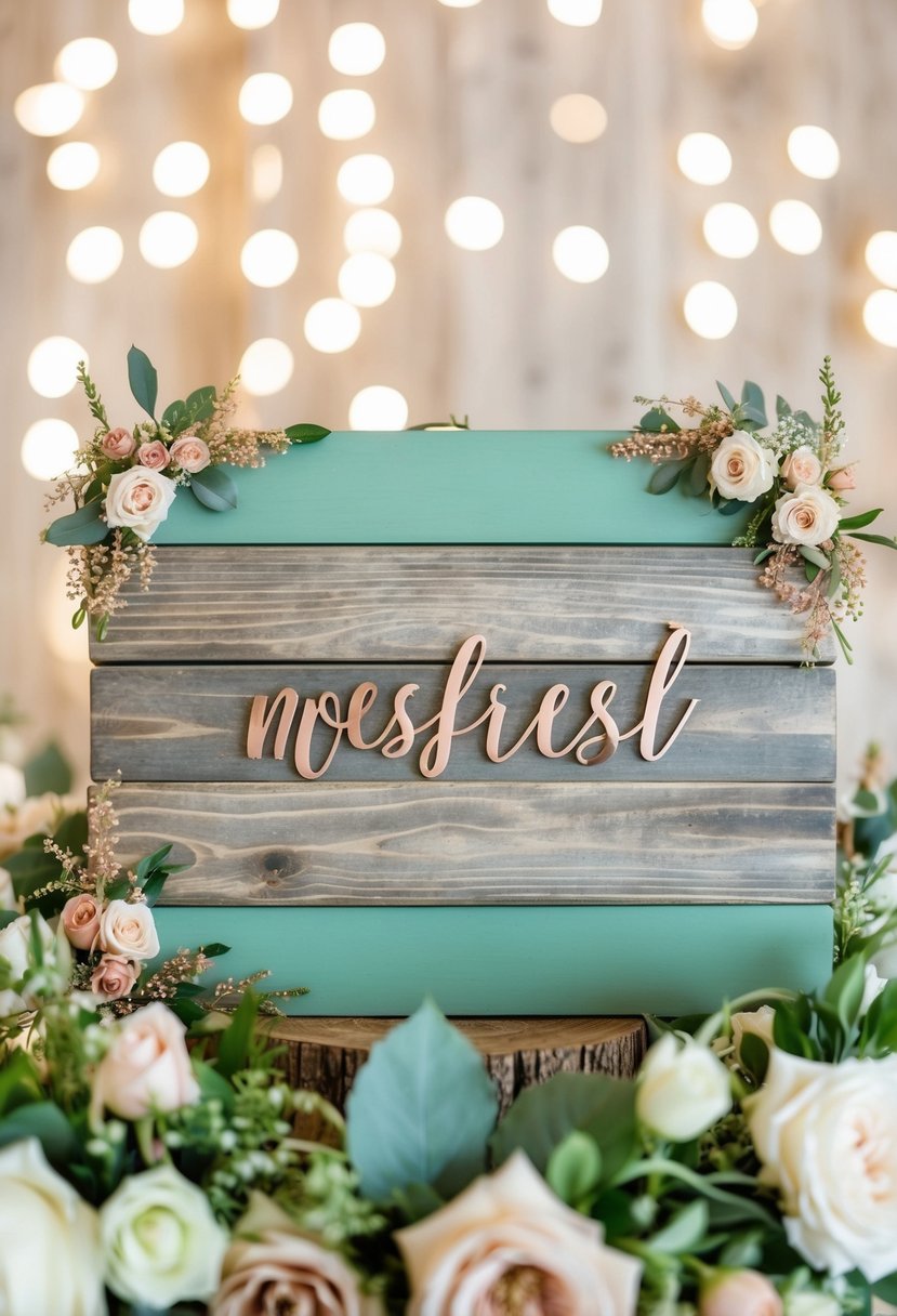 A rustic wooden sign adorned with sage green and rose gold accents, surrounded by delicate floral arrangements in matching colors