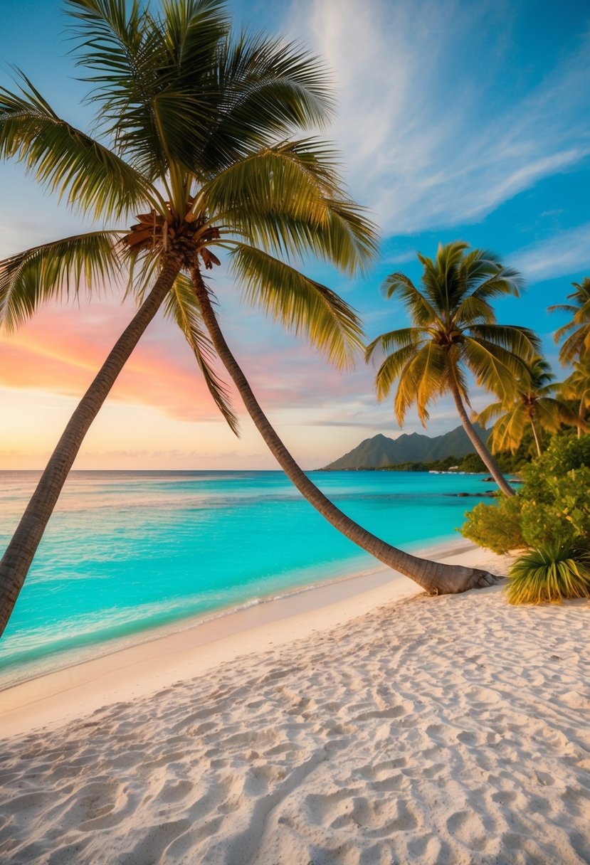 A picturesque beach with turquoise waters, palm trees, and white sand. A colorful sunset paints the sky, setting the perfect scene for an island paradise wedding