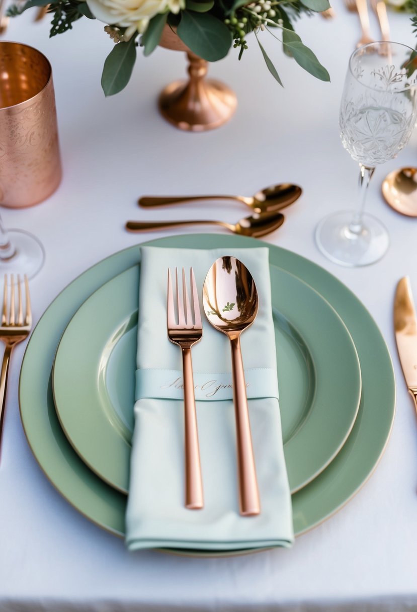 Rose gold flatware arranged elegantly on sage green plates for a romantic wedding table setting