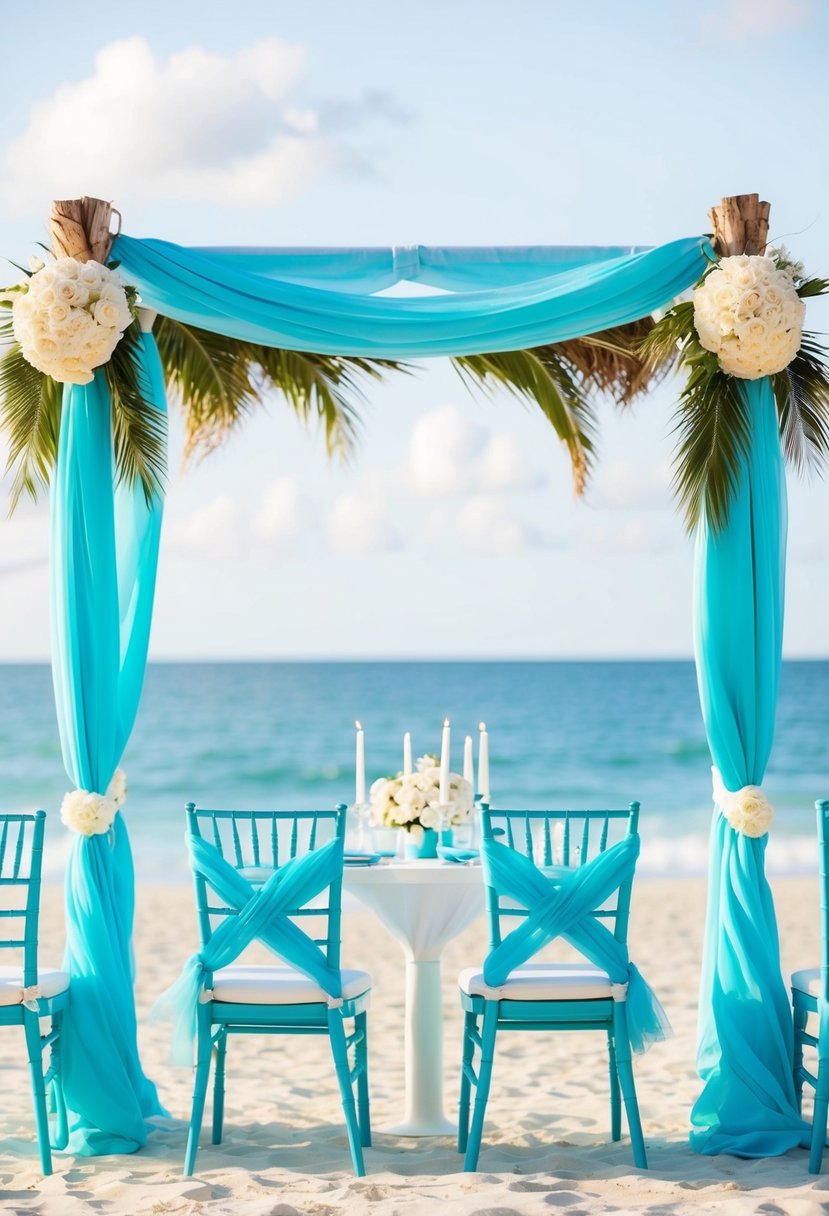 A serene beach wedding with aqua blue decor, featuring a canopy, chairs, and ocean backdrop