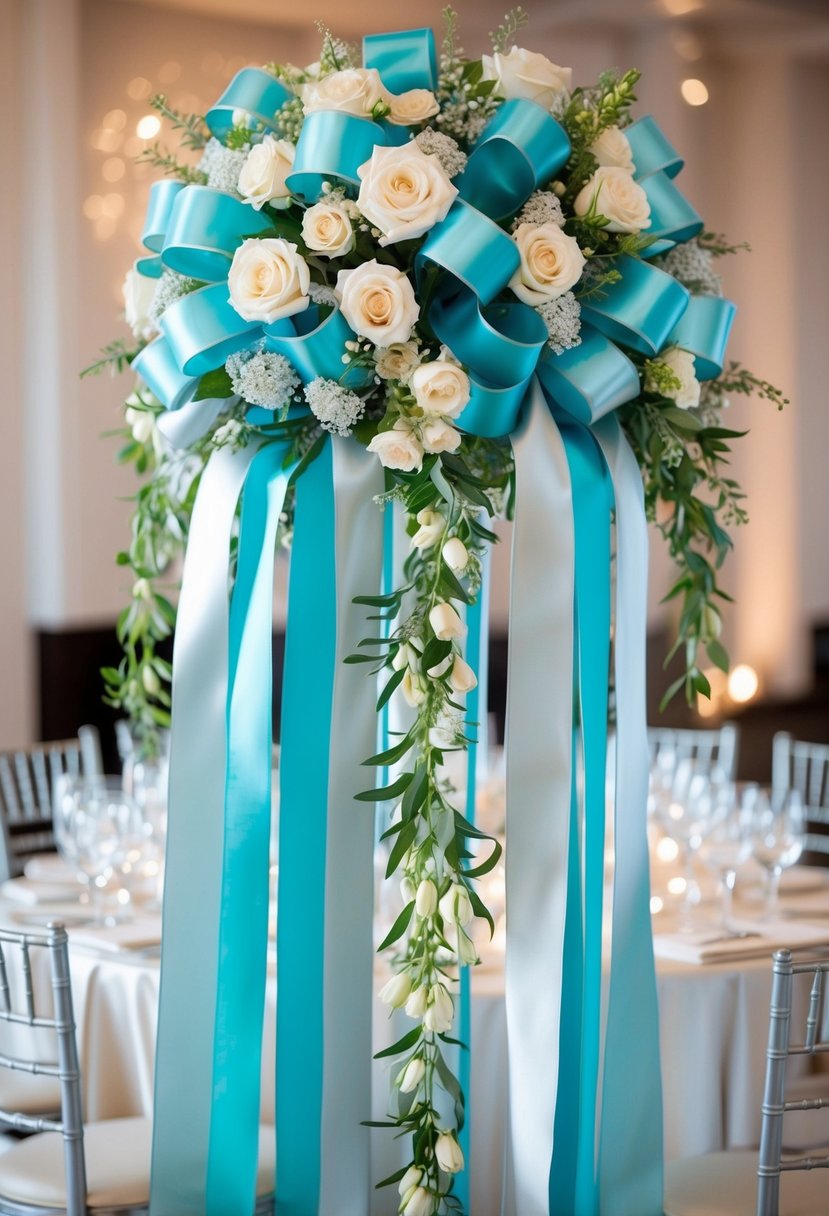 Aqua and silver ribbons intertwine around a cascading floral centerpiece, reflecting elegance and sophistication