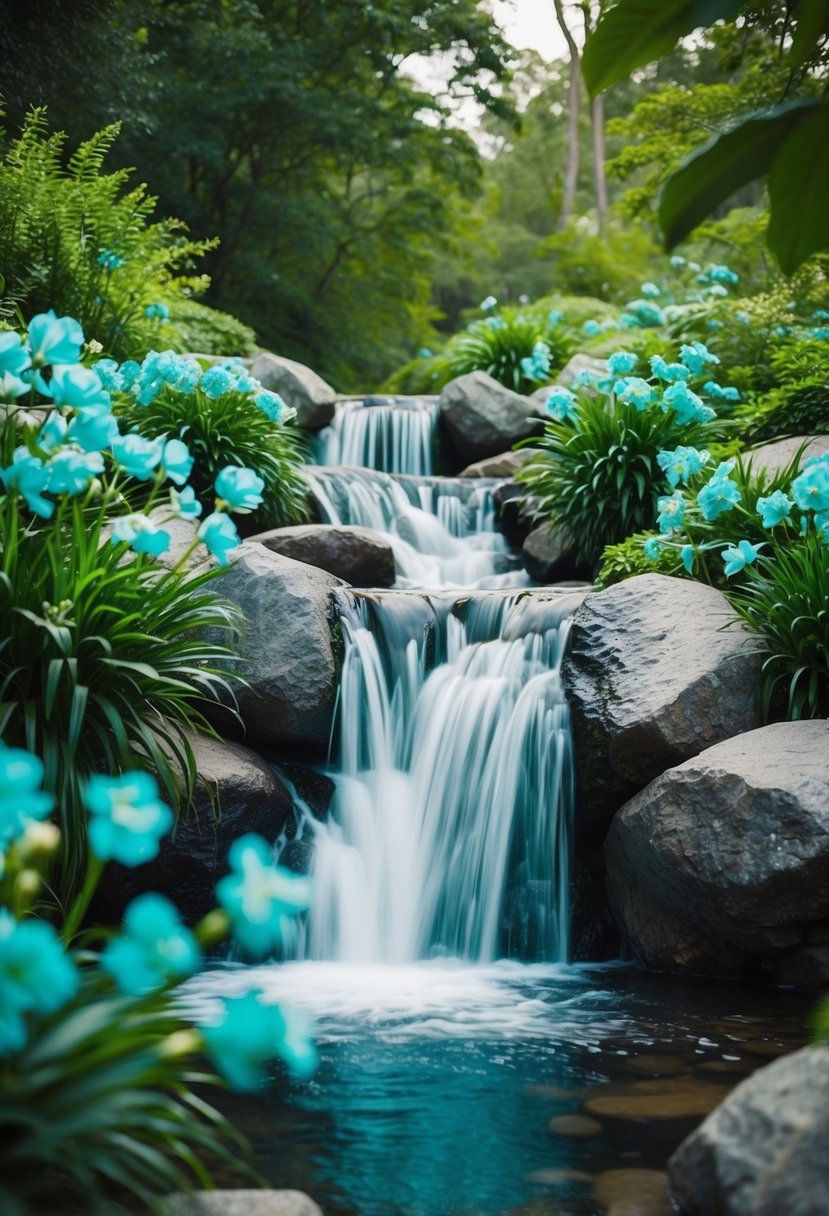 A serene waterfall cascades over rocks, surrounded by lush greenery and vibrant aqua flowers, creating a magical wedding color palette