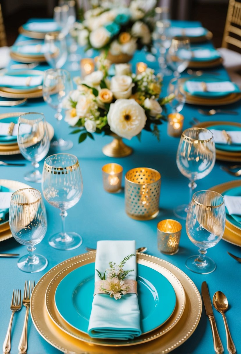 A luxurious aqua and gold wedding table setting with shimmering glassware, elegant floral centerpieces, and golden accents