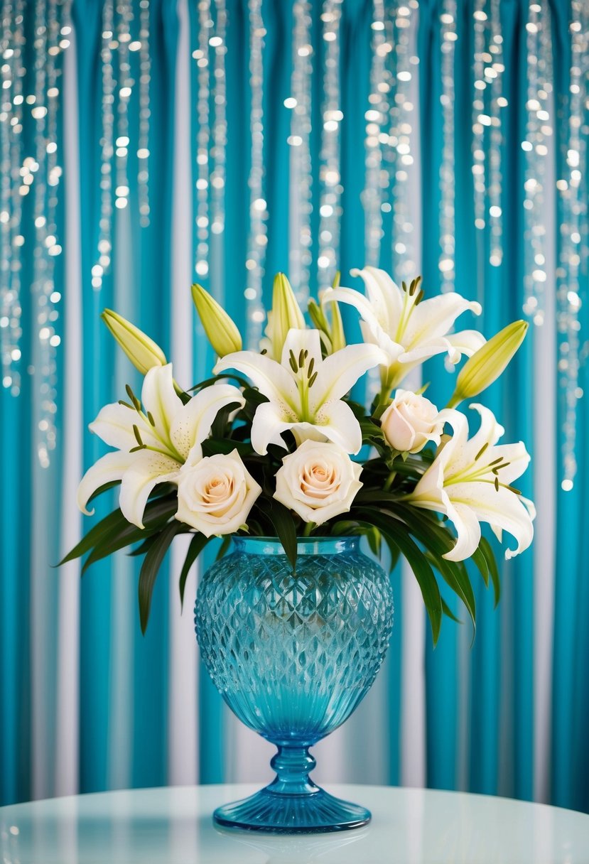 A shimmering aqua beveled glass vase holds a bouquet of white lilies and roses, set against a backdrop of cascading aqua drapery