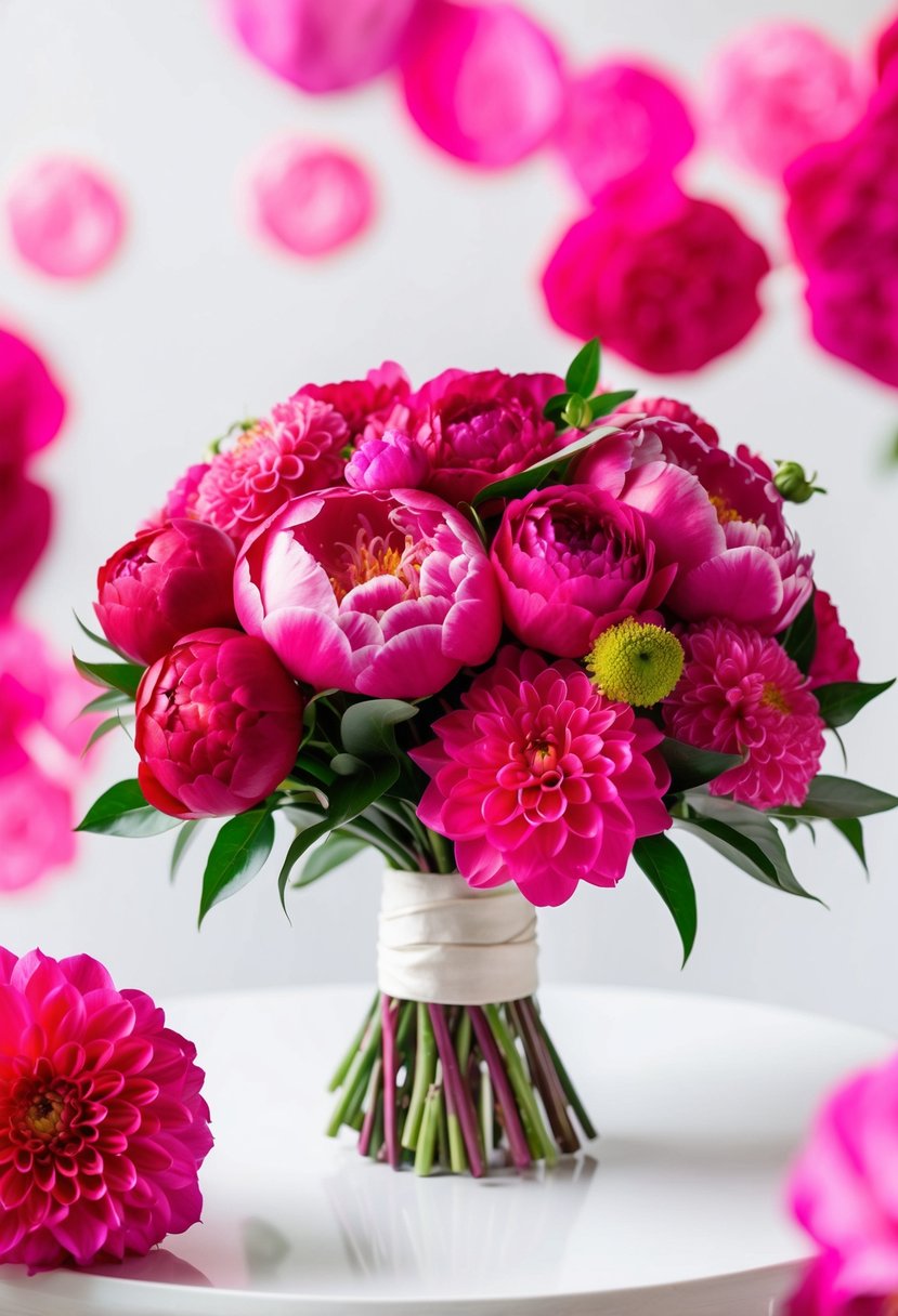 A bold pink wedding palette: a vibrant bouquet of fuchsia peonies, magenta roses, and hot pink dahlias against a crisp white backdrop