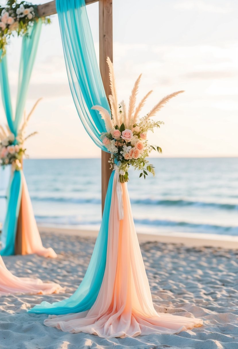 A serene beach wedding with aqua and peach decor, featuring flowing fabric, delicate floral arrangements, and sparkling ocean views